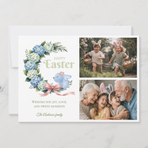 Watercolor Easter Hydrangea Cute Bunny 2 Photo Holiday Card