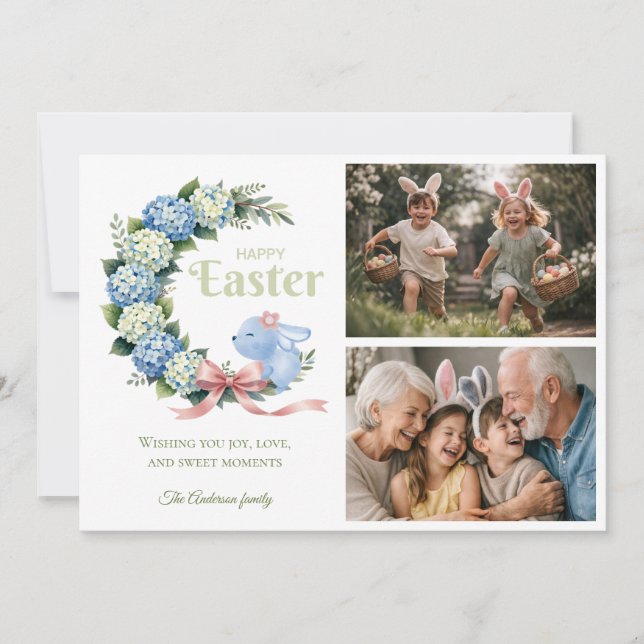 Watercolor Easter Hydrangea Cute Bunny 2 Photo Holiday Card (Front)