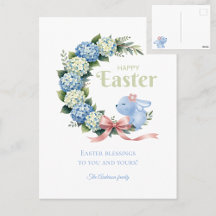 Watercolor Easter Hydrangea Wreath Cute Bunny
