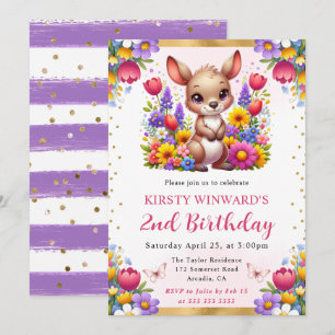Watercolor Easter Kangaroo Spring Flowers Birthday Invitation