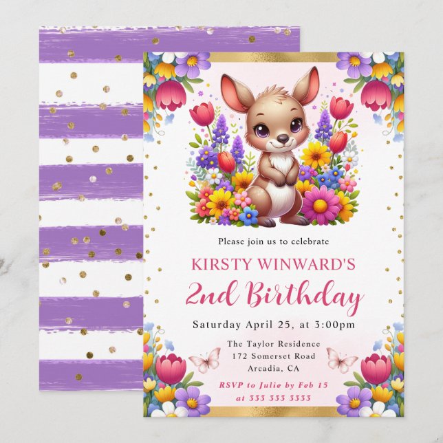 Watercolor Easter Kangaroo Spring Flowers Birthday Invitation (Front/Back)
