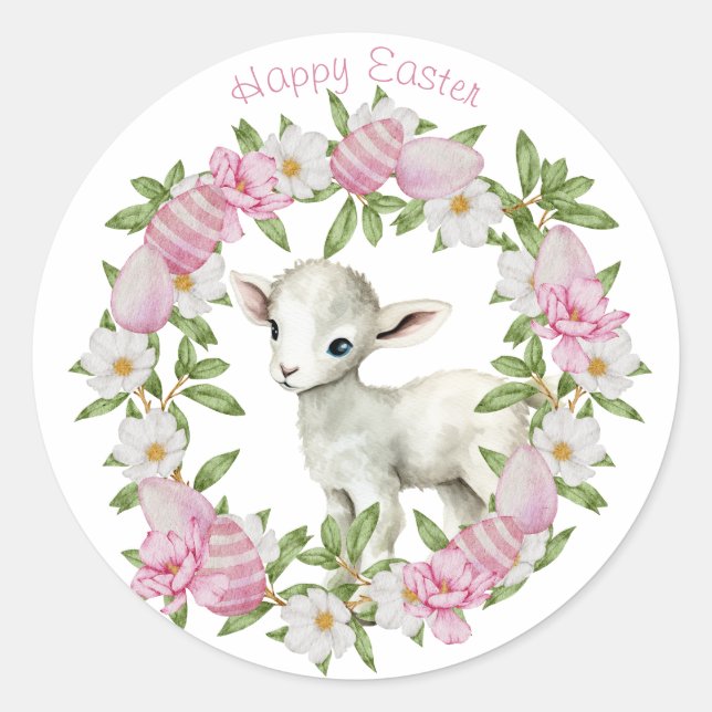 Watercolor Easter Lamb Personalized Classic Round Sticker (Front)