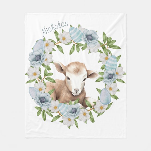 Watercolor Easter Lamb Personalized Fleece Blanket (Front)