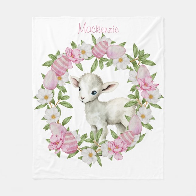 Watercolor Easter Lamb Personalized Fleece Blanket (Front)