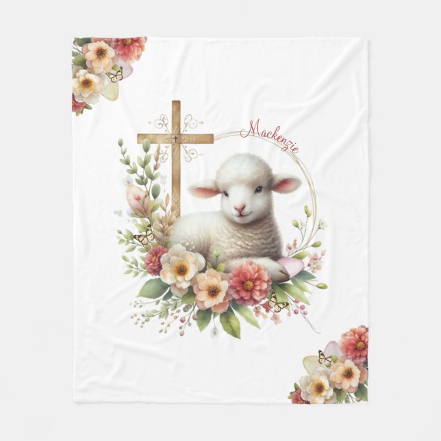 Watercolor Easter Lamb Personalized Fleece Blanket (Front)