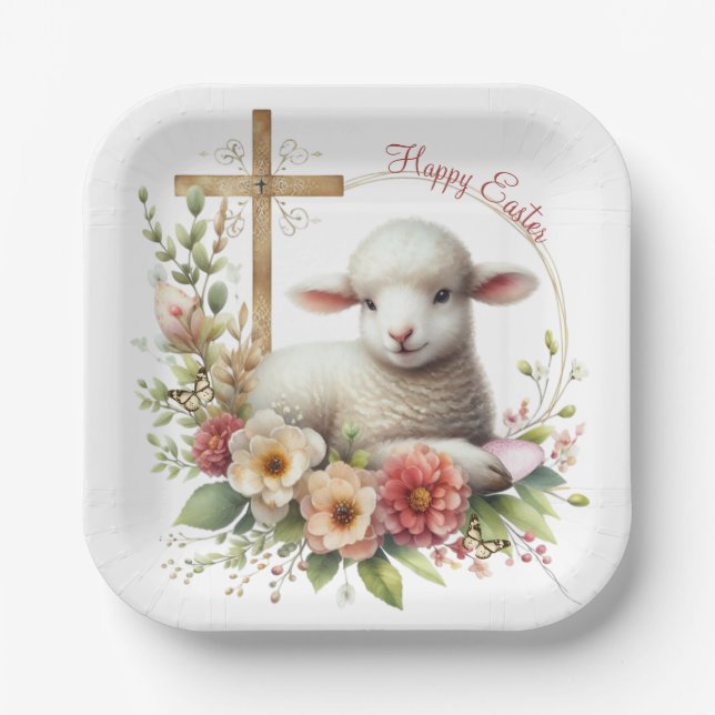 Watercolor Easter Lamb Personalized Paper Plates (Front)