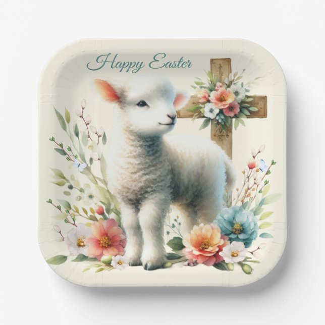 Watercolor Easter Lamb Personalized Paper Plates (Front)