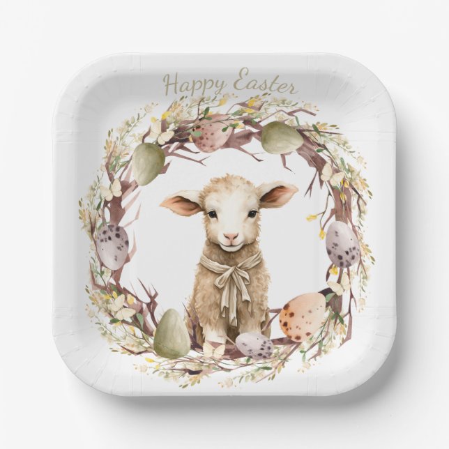 Watercolor Easter Lamb Personalized Paper Plates (Front)