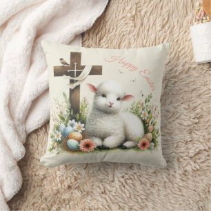 Watercolor Easter Lamb Personalized Throw Pillow