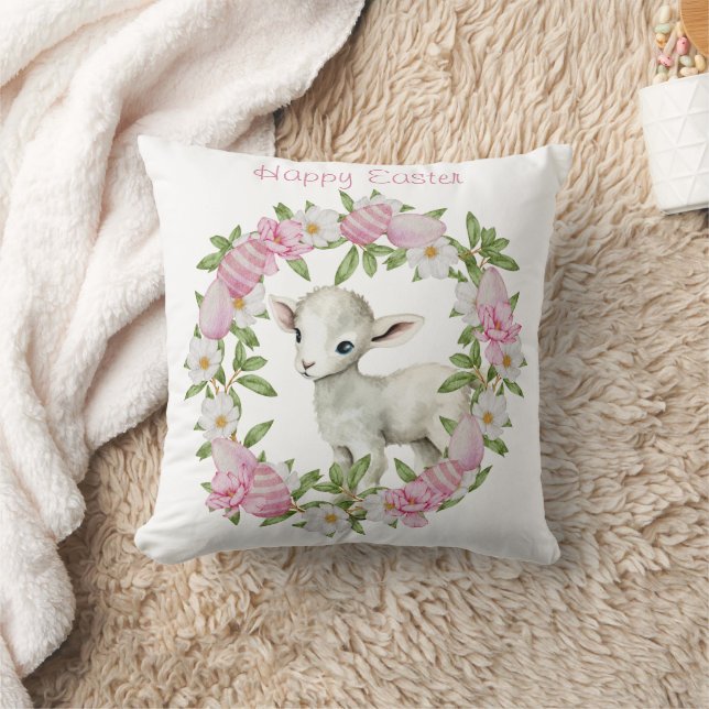 Watercolor Easter Lamb Personalized Throw Pillow (Blanket)