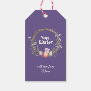 Watercolor Easter Lavender Wreath Eggs Cute Bunny Gift Tags