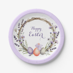 Watercolor Easter Lavender Wreath Eggs Cute Bunny Paper Plates