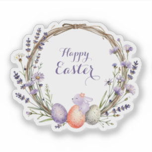 Watercolor Easter Lavender Wreath Eggs Cute Bunny Sticker