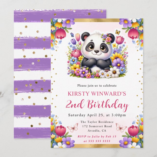 Watercolor Easter Panda Spring Flowers Birthday Invitation (Front/Back)