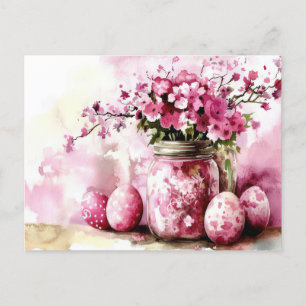 Watercolor Easter postcard with Easter eggs and fl
