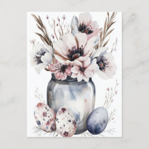 Watercolor Easter postcard with Easter eggs and fl