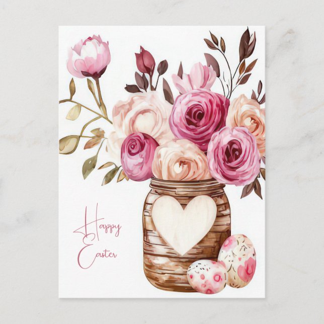 Watercolor Easter postcard with Easter eggs and fl (Front)