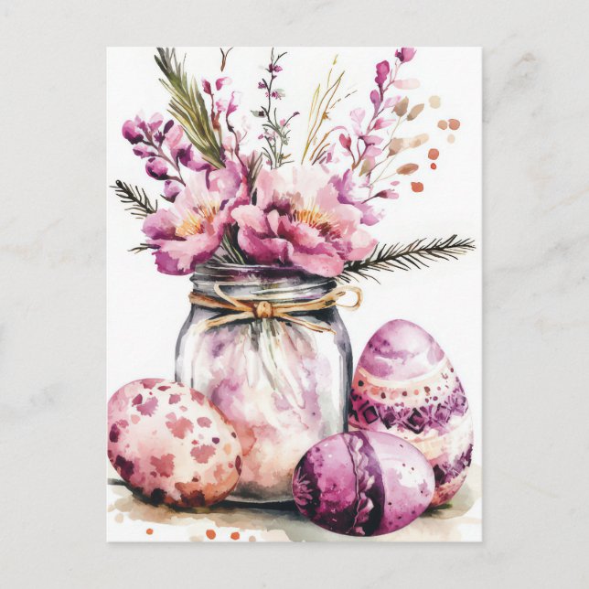 Watercolor Easter postcard with Easter eggs and fl (Front)