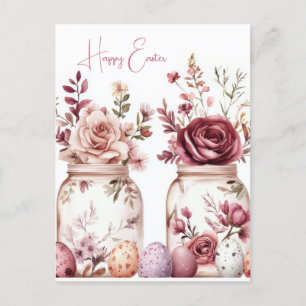 Watercolor Easter postcard with Easter eggs and fl