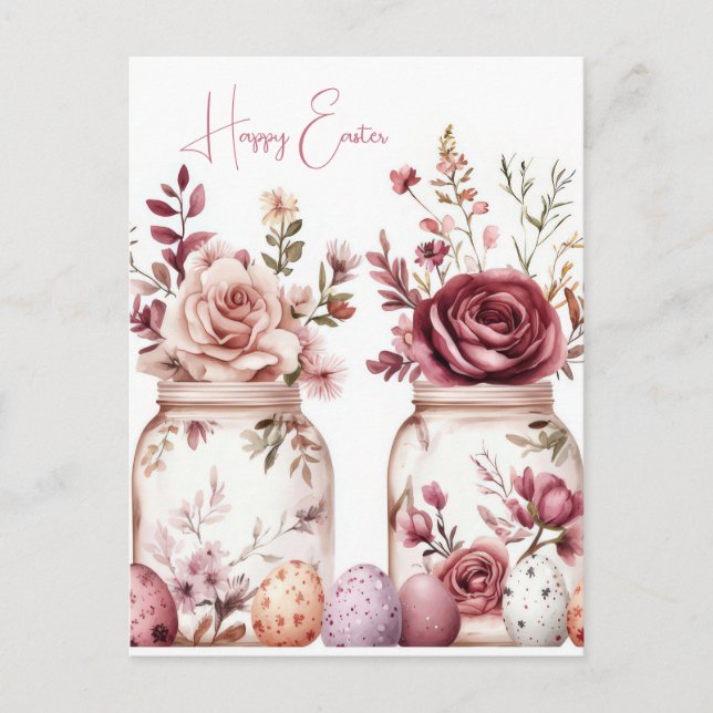 Watercolor Easter postcard with Easter eggs and fl (Front)