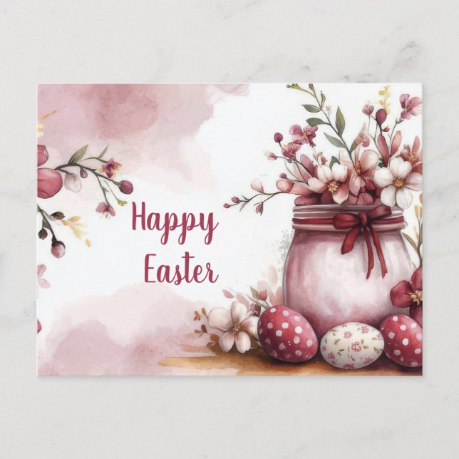 Watercolor Easter postcard with Easter eggs and fl (Front)