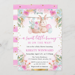 Watercolor Easter Rabbit and Flowers Baby Shower Invitation