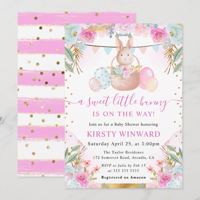 Watercolor Easter Rabbit and Flowers Baby Shower Invitation (Front/Back)