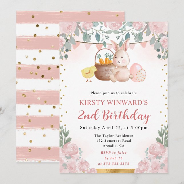Watercolor Easter Rabbit and Flowers Birthday Invitation (Front/Back)