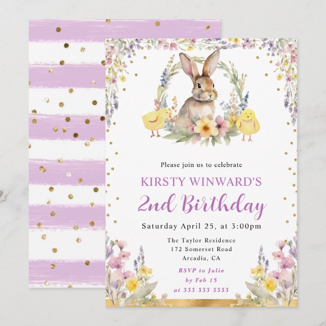 Watercolor Easter Rabbit and Flowers Birthday Invitation (Front/Back)