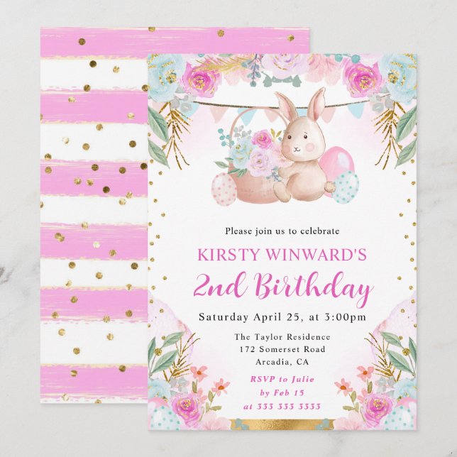 Watercolor Easter Rabbit and Flowers Birthday Invitation (Front/Back)