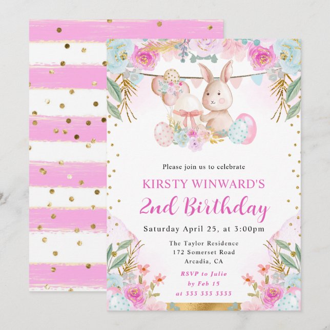 Watercolor Easter Rabbit and Flowers Birthday Invitation (Front/Back)