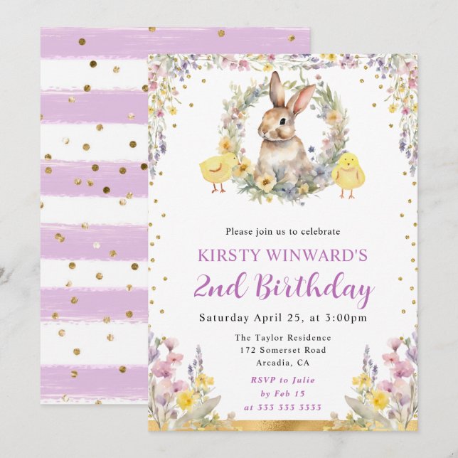 Watercolor Easter Rabbit and Flowers Birthday Invitation (Front/Back)