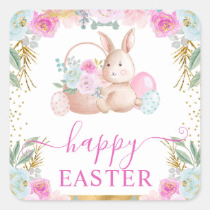 Watercolor Easter Rabbit and Flowers Square Sticker