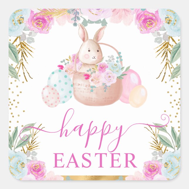 Watercolor Easter Rabbit and Flowers  Square Sticker (Front)