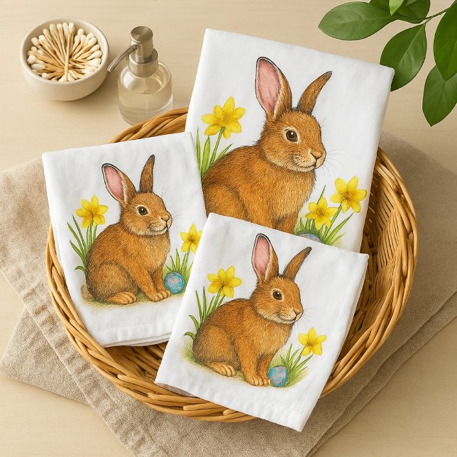 Watercolor Easter Rabbit Bathroom Towel Set (springtime bath towel set with watercolor bunny rabbit artwork )