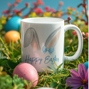 Watercolor Easter Rabbit Ears with Blue Bow Spring Coffee Mug