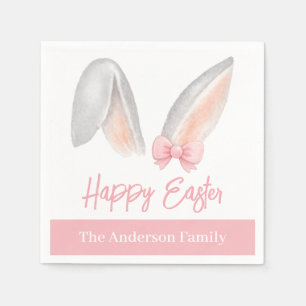 Watercolor Easter Rabbit Ears with Pink Bow Spring Napkins