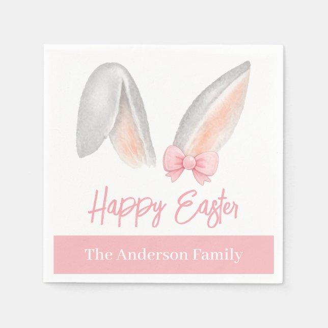 Watercolor Easter Rabbit Ears with Pink Bow Spring Napkins (Front)