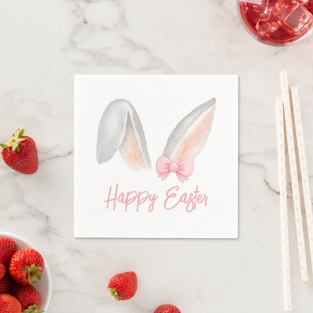 Watercolor Easter Rabbit Ears with Pink Bow Spring Napkins (Insitu)
