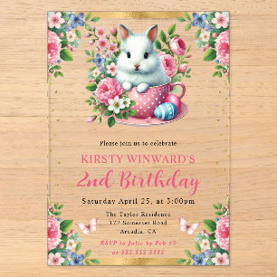 Watercolor Easter Rabbit Spring Flowers Birthday Acrylic Invitations
