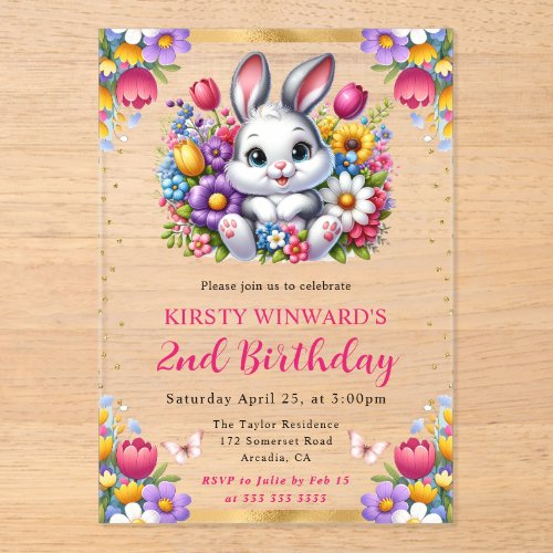 Watercolor Easter Rabbit Spring Flowers Birthday