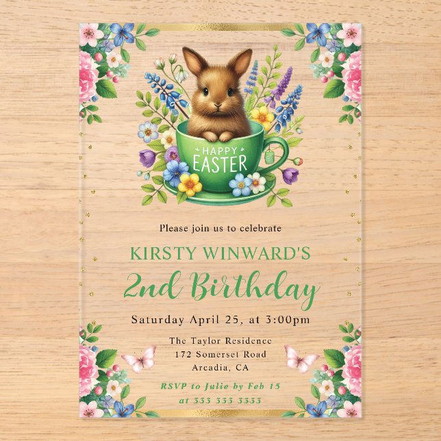 Watercolor Easter Rabbit Spring Flowers Birthday Acrylic Invitations (Front)