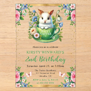 Watercolor Easter Rabbit Spring Flowers Birthday Acrylic Invitations