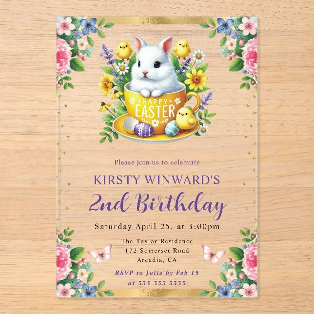 Watercolor Easter Rabbit Spring Flowers Birthday Acrylic Invitations (Front)