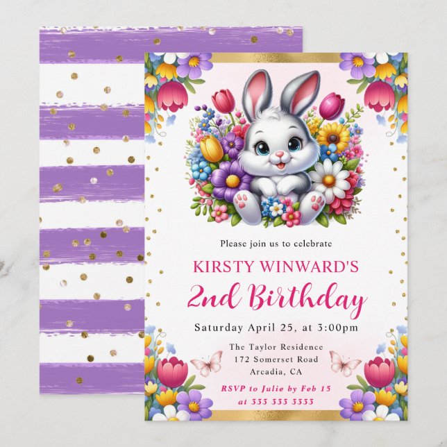 Watercolor Easter Rabbit Spring Flowers Birthday Invitation (Front/Back)