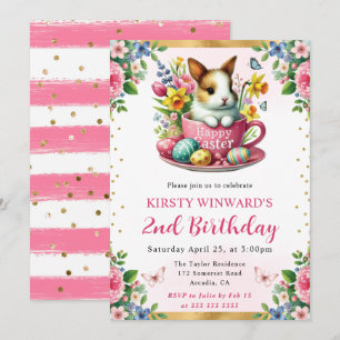 Watercolor Easter Rabbit Spring Flowers Birthday Invitation