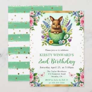 Watercolor Easter Rabbit Spring Flowers Birthday Invitation