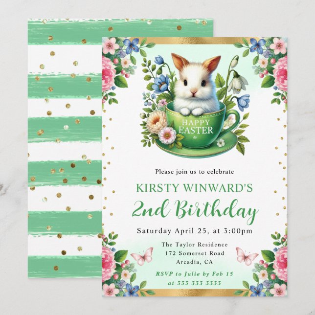 Watercolor Easter Rabbit Spring Flowers Birthday Invitation (Front/Back)