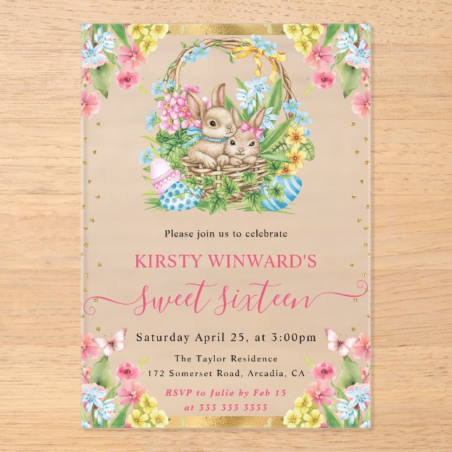 Watercolor Easter Rabbits Spring Sweet 16 Acrylic Invitations (Front)