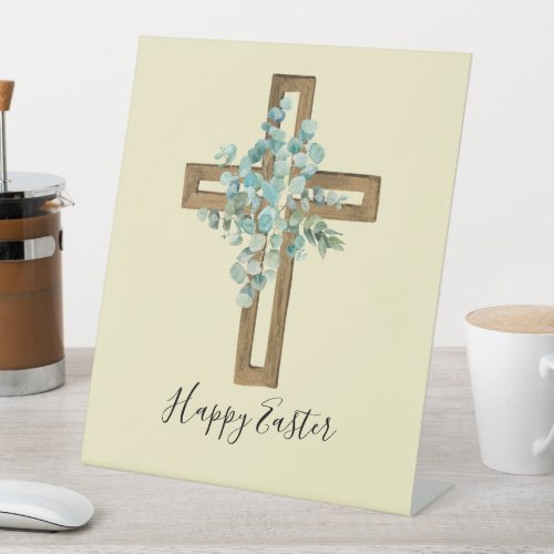 Watercolor Easter Rustic Cross and Eucalyptus  Pedestal Sign